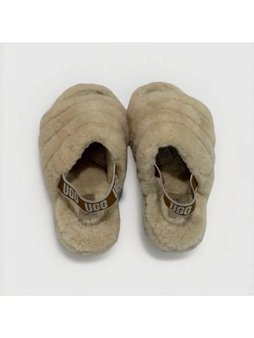 UGG Fluff Yeah Ivory Cream Slide Slipper GIRLS Kids Youth Size 2 Logo Strap 33.5